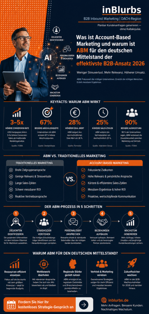 infografik Account Based Marketing, B2B Marketing Strategie, Personalisierte Kundenansprache B2B, Generative Engine Optimization, Vertrieb Marketing Alignment, Zielkunden Analyse Unternehmen, Leadgenerierung Mittelstand Deutschland, Digitale Kundengewinnung B2B, B2B Entscheider erreichen, Strategische Kundengewinnung B2B, inblurbs inbound marketing
