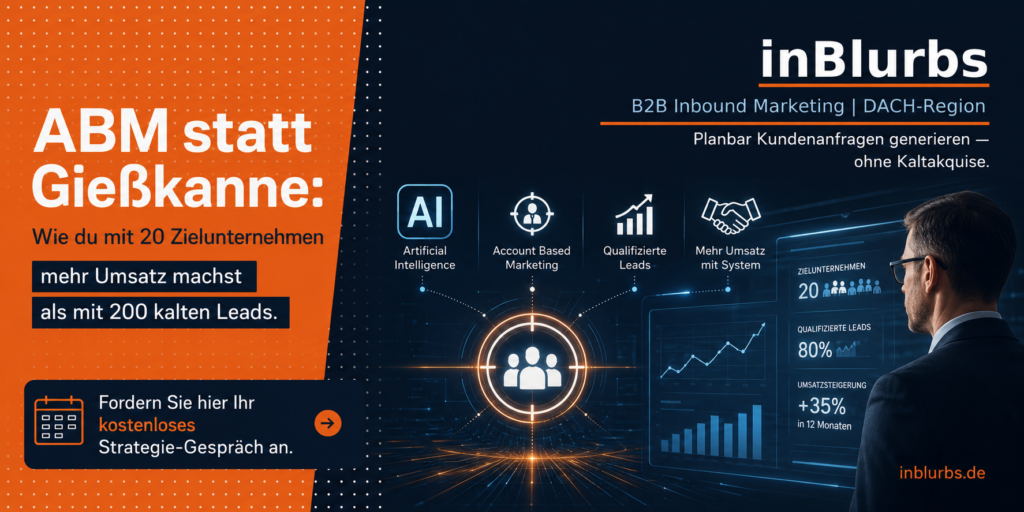 account based marketing, b2b marketing strategie, zielkunden gezielt ansprechen, zielunternehmen identifizieren b2b, qualifizierte kundenanfragen generieren, ideales kundenprofil erstellen, personalisierte vertriebskampagnen entwickeln, personalisierte b2b kommunikation, vertrieb marketing alignment, datengetriebene leadgenerierung strategie, inblurbs inbound marketing