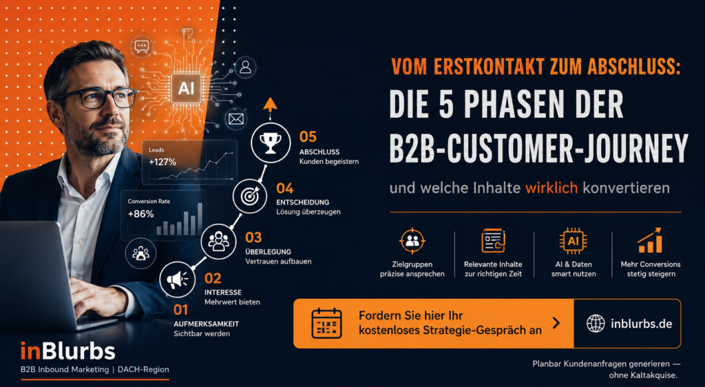 B2B Customer Journey, qualifizierte Leads generieren, digitale Vertriebsstrategie entwickeln, Inbound Marketing Strategie, B2B Marketing Automation, Marketing Vertrieb Alignment, Kundenanfragen online gewinnen, Lead Nurturing Prozesse, Conversion Rate Optimierung, Vertriebsprozess optimieren B2B, inblurbs inbound marketing