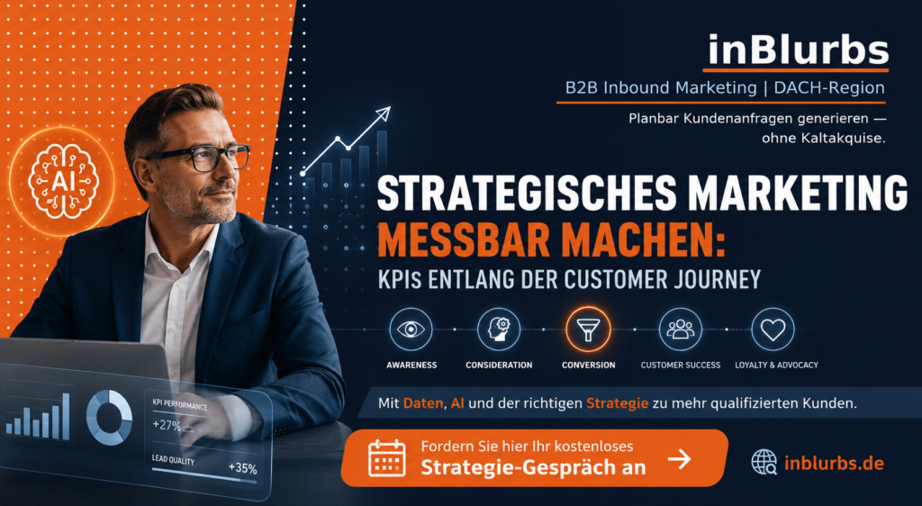 Marketing Erfolg messen, Digitale Marketing Strategie, Customer Journey Analyse, Lead Generierung B2B, Marketing Qualified Leads, Kundenbindung im Mittelstand, KPI Dashboard Marketing, Strategisches Marketing Controlling, Conversion Rate Optimierung, Vertrieb Marketing Alignment, inblurbs inbound marketing