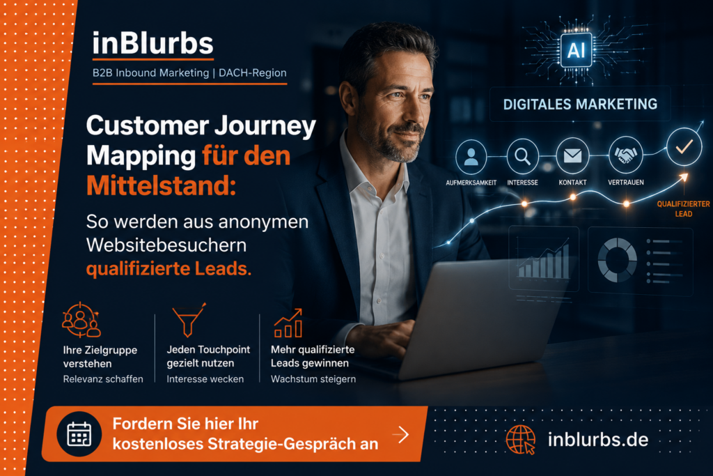 customer journey mapping, digitale kundenreise optimieren, b2b lead generierung, qualifizierte leads gewinnen, conversion rate optimierung, lead nurturing strategie, marketing automation mittelstand, vertriebsprozess digitalisieren, website besucher analysieren, customer experience verbessern, inblurbs inbound marketing