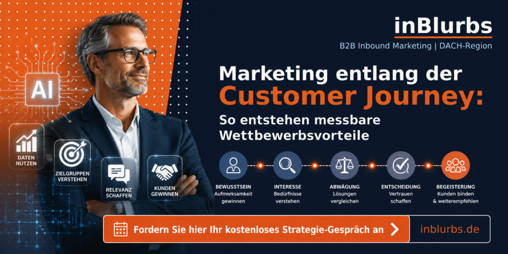 Customer Journey Marketing, B2B Marketing Strategie, digitale Customer Journey, strategisches B2B Marketing, Marketing Automation Prozesse, Customer Journey Analyse, qualifizierte Leads gewinnen, Conversion Rate steigern, Kundenerlebnis im B2B, Wettbewerbsvorteile durch Marketing, inblurbs inbound marketing