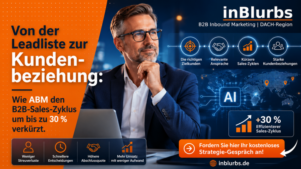 Account Based Marketing, B2B Kunden gewinnen, Marketing Vertrieb Zusammenarbeit, Personalisierte B2B Kommunikation, Datengetriebenes Lead Management, Strategische Zielkunden Auswahl, Buying Center Analyse, B2B Kaufentscheidungen beschleunigen, Account Based Marketing KPIs, B2B Vertriebsstrategie Mittelstand, inblurbs inbound marketing