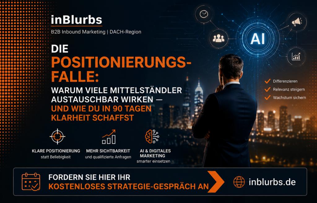 klare Positionierung entwickeln, strategische Markenpositionierung aufbauen, einzigartiges Wertversprechen formulieren, B2B Zielgruppe definieren, Kundenprobleme gezielt lösen, relevante Kundenvorteile kommunizieren, digitale Sichtbarkeit erhöhen, qualifizierte Leads generieren, nachhaltiges Unternehmenswachstum fördern, erfolgreiche Content Strategie, inblurbs inbound marketing