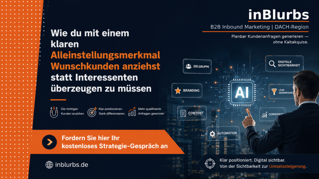 Klare Positionierung B2B, Eindeutige Marktposition entwickeln, B2B Kunden gewinnen, Digitale Sichtbarkeit erhöhen, Inbound Marketing Strategie, Qualifizierte Leads generieren, Strategische Markenpositionierung entwickeln, Wettbewerbsvorteile nachhaltig sichern, Customer Journey optimieren, B2B Marketing Erfolg, inblurbs inbound marketing