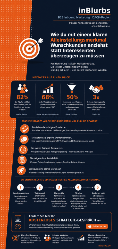 infografik Klare Positionierung B2B, Eindeutige Marktposition entwickeln, B2B Kunden gewinnen, Digitale Sichtbarkeit erhöhen, Inbound Marketing Strategie, Qualifizierte Leads generieren, Strategische Markenpositionierung entwickeln, Wettbewerbsvorteile nachhaltig sichern, Customer Journey optimieren, B2B Marketing Erfolg, inblurbs inbound marketing