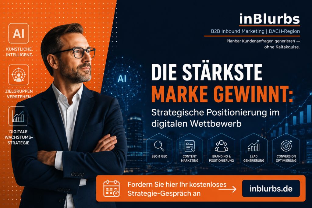 strategische Positionierung Unternehmen, digitale Markenpositionierung B2B, Positionierungsstrategie für KMU, Differenzierung im digitalen Wettbewerb, B2B Markenstrategie für KMU, GEO Strategie für Marken, GEO für B2B Unternehmen, Content Marketing Strategie B2B, strategische Markenpositionierung B2B, digitale Positionierung für KMU, inblurbs inbound marketing