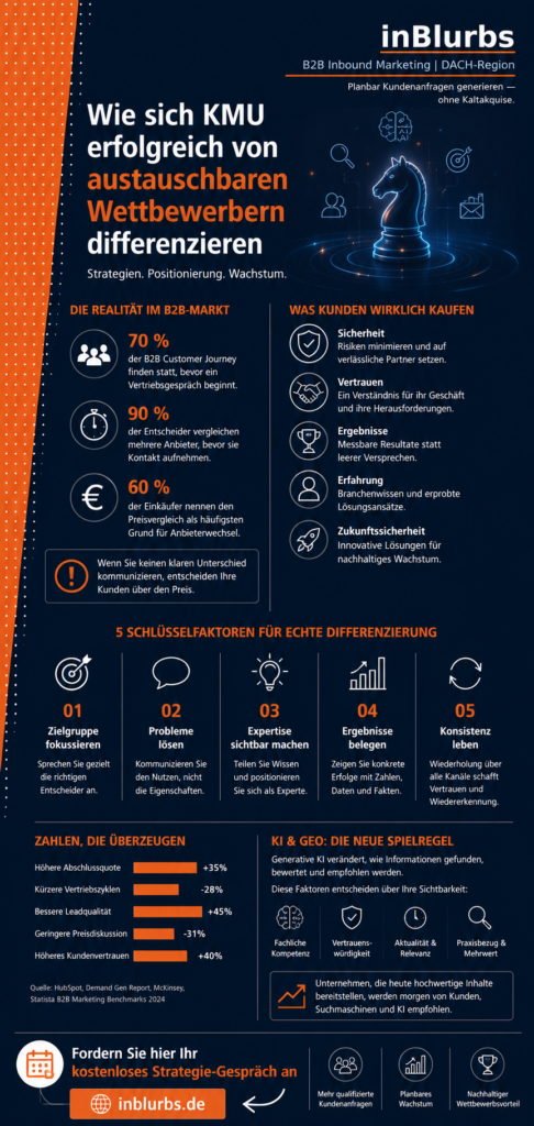 infografik, KMU Wettbewerb differenzieren, starke Positionierung entwickeln, B2B Markenstrategie aufbauen, nachhaltige Wettbewerbsvorteile schaffen, klare Positionierung aufbauen, digitale Markenpräsenz ausbauen, zielgerichtete Kundenansprache verbessern, authentische Expertenmarke etablieren, wertorientierte Kommunikation optimieren, langfristige Markenbindung fördern, inblurbs inbound marketing