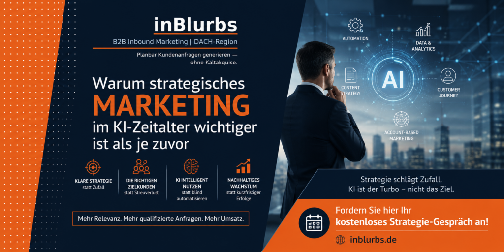 strategisches Marketing Konzept, Customer Journey Strategie, Generative Engine Optimization, datengetriebenes Marketing B2B, digitale Marketing Strategie, Thought Leadership Marketing, Positionierung Wettbewerbsvorteile, Customer Journey Optimierung, Account Based Marketing, Marketing Automation Strategie, inblurbs inbound marketing