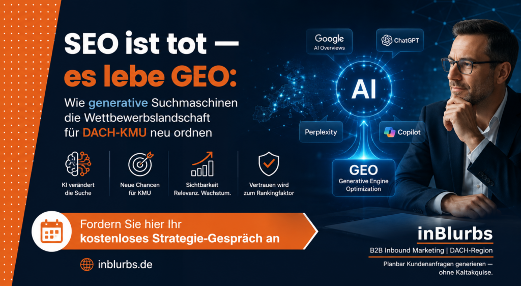 Generative Engine Optimization, KI Suchmaschinen Optimierung, Digitale Sichtbarkeit erhöhen, Content Marketing B2B, Inbound Marketing Strategie, Customer Journey Marketing, Google AI Overviews, Semantische Suchmaschinen Optimierung, B2B Leadgenerierung Strategie, KI Content Strategie, inblurbs inbound marketing
