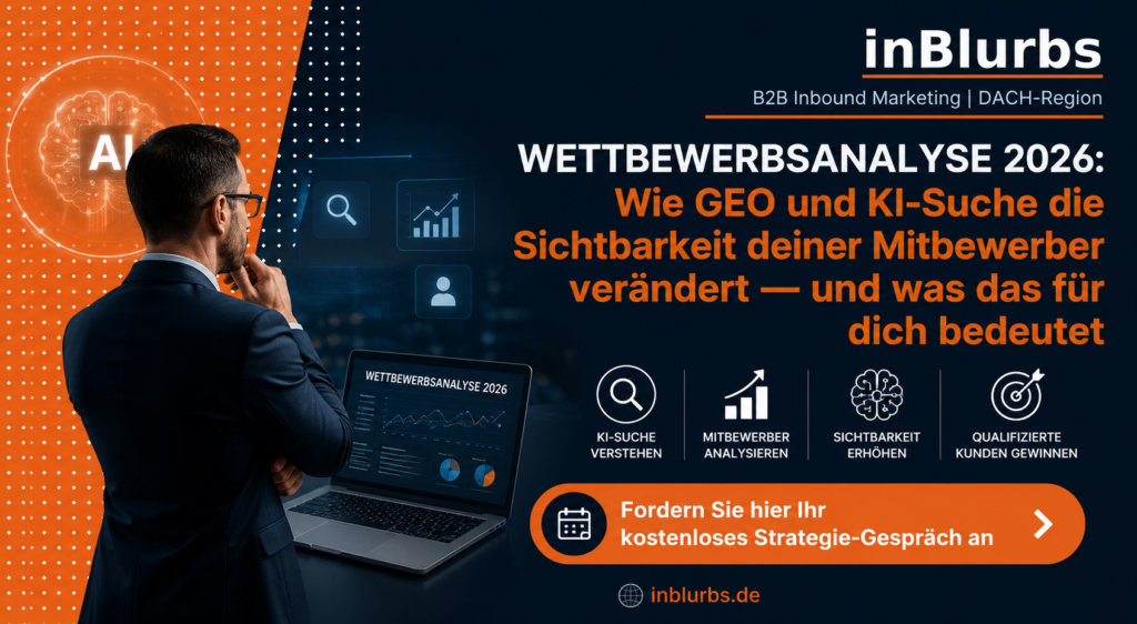 Generative Engine Optimization, Wettbewerbsanalyse KI Suche, KI Suchmaschinen Optimierung, digitale Sichtbarkeit erhöhen, Content Marketing Strategie, B2B Marketing Trends, KI Content Strategie, Expertenwissen online teilen, qualifizierte Leads gewinnen, moderne Wettbewerbsanalyse Methoden, inblurbs inbound marketing