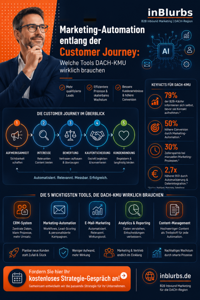 infografik Marketing Automation Software, Customer Journey Management, Lead Nurturing Strategie, CRM Marketing Integration, Automatisierte Lead Generierung, E Mail Marketing, Marketing Prozesse optimieren, Sales Marketing Alignment, Digitale Kundengewinnung Systeme, B2B Marketing Automation, inblurbs inbound marketing 