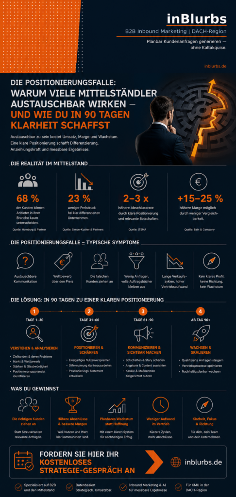 infografik klare Positionierung entwickeln, strategische Markenpositionierung aufbauen, einzigartiges Wertversprechen formulieren, B2B Zielgruppe definieren, Kundenprobleme gezielt lösen, relevante Kundenvorteile kommunizieren, digitale Sichtbarkeit erhöhen, qualifizierte Leads generieren, nachhaltiges Unternehmenswachstum fördern, erfolgreiche Content Strategie, inblurbs inbound marketing