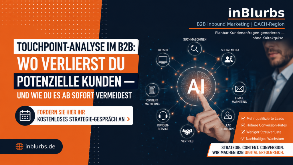 Touchpoint Analyse B2B, Customer Journey Optimierung, B2B Website Optimierung, Inbound Marketing Strategie, Digitale Kundenreise Analyse, B2B Lead Generierung, Conversion Rate Optimierung, Marketing Funnel Analyse, Vertrieb Marketing Alignment, Generative Engine Optimization, inblurbs inbound marketing 