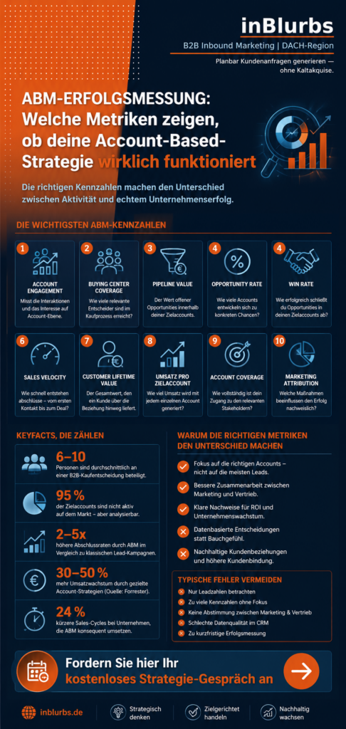 infografik ABM Erfolg messen, Account Engagement steigern, B2B Marketing Kennzahlen, Buying Center analysieren, Pipeline Wachstum steigern, Sales Velocity verbessern, Customer Lifetime steigern, Strategische Accounts entwickeln, Intent Daten nutzen, Account Coverage erhöhen, inblurbs inbound marketing 