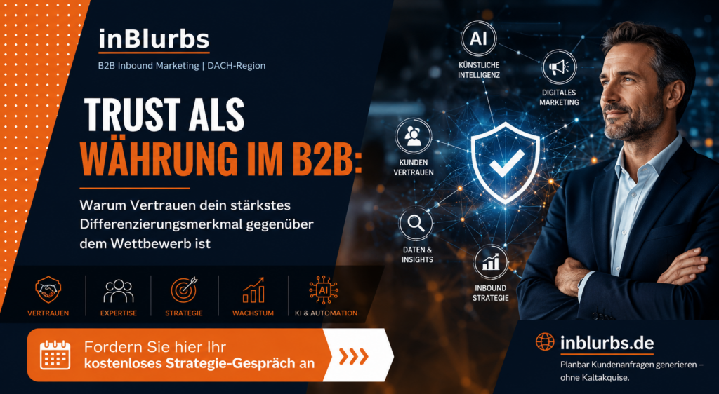 B2B Vertrauen aufbauen, Vertrauen Kunden gewinnen, Digitale Marken Glaubwürdigkeit, Content Marketing Strategie, Authentisches B2B Marketing, Strategisches Inbound Marketing, Leadgenerierung ohne Kaltakquise, Expertenstatus Unternehmen stärken, Customer Journey Vertrauen, B2B Markenvertrauen steigern, inblurbs inbound marketing