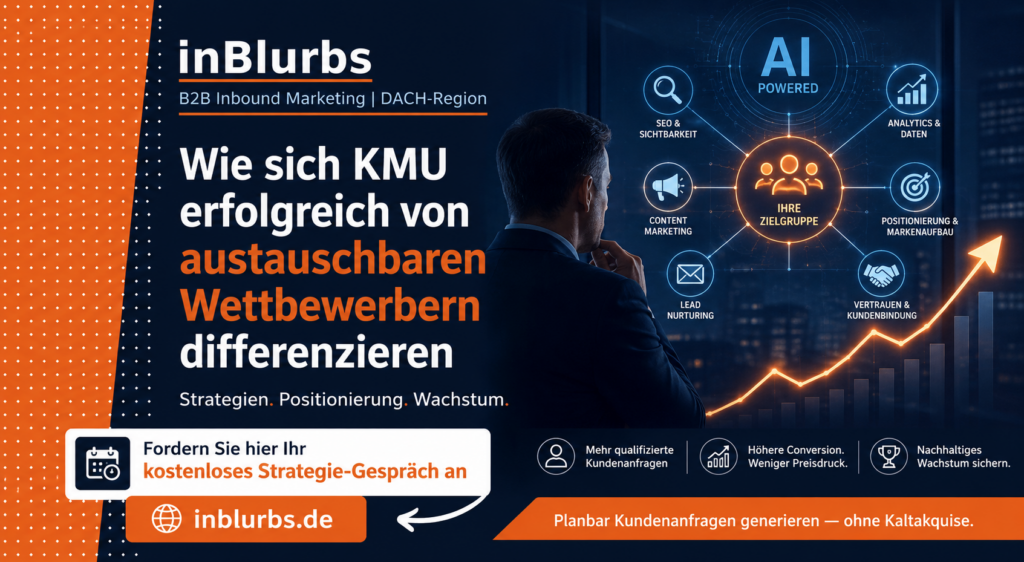 KMU Wettbewerb differenzieren, starke Positionierung entwickeln, B2B Markenstrategie aufbauen, nachhaltige Wettbewerbsvorteile schaffen, klare Positionierung aufbauen, digitale Markenpräsenz ausbauen, zielgerichtete Kundenansprache verbessern, authentische Expertenmarke etablieren, wertorientierte Kommunikation optimieren, langfristige Markenbindung fördern, inblurbs inbound marketing