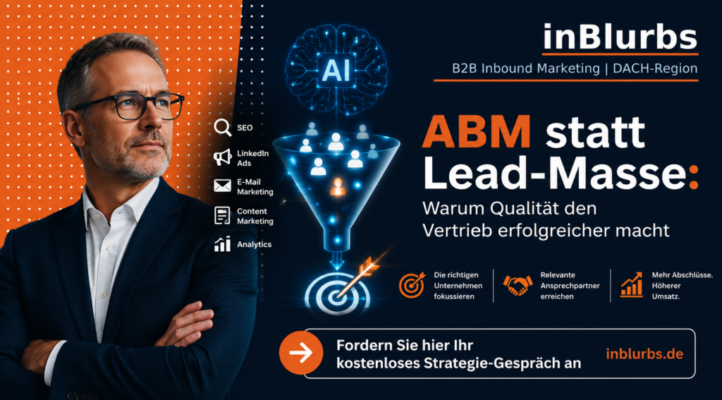Account Based Marketing, strategische Kundengewinnung, qualifizierte Kundengewinnung, B2B Zielkunden Strategie, personalisierte Vertriebsstrategie B2B, datengetriebenes Account Based, zielgerichtete Kundenansprache, B2B Vertriebsoptimierung Strategie, qualifizierte B2B Leads, digitale Vertriebsstrategie Mittelstand, inblurbs inbound marketing
