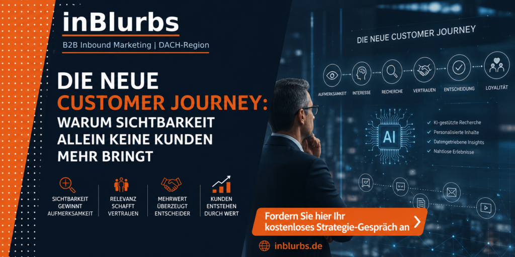 Customer Journey Optimierung, B2B Customer Journey, Content Marketing Strategie, Inbound Marketing Strategie, Leadgenerierung B2B Unternehmen, Qualifizierte Leads gewinnen, Digitale Kundenreise gestalten, Strategische Kundengewinnung KMU, Marketing Vertrieb Alignment, Datengetriebenes Marketing System, inblurbs inbound marketing