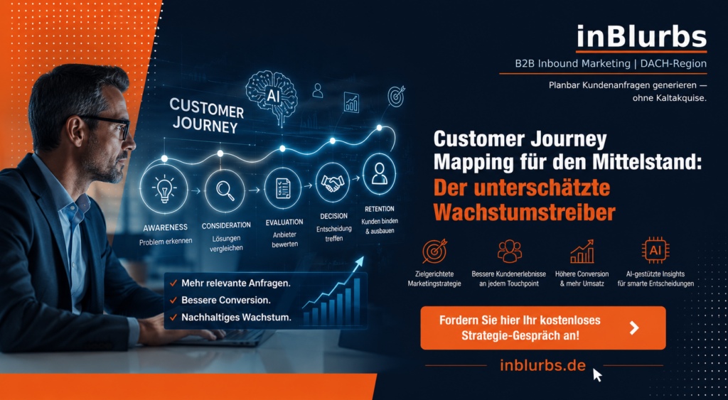 Customer Journey Mapping, Customer Journey Mittelstand, B2B Customer Journey, Customer Journey Analyse, Customer Journey Strategie, Digitale Customer Journey, B2B Kaufprozess optimieren, Kundenerlebnis nachhaltig verbessern, Customer Journey optimieren, Kundenreise im B2B, inblurbs inbound marketing 