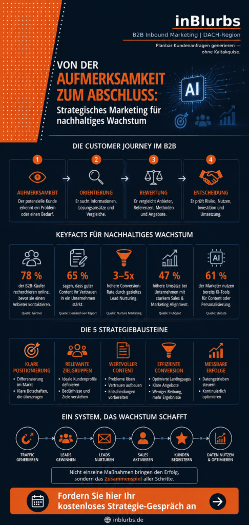 infografik strategisches B2B Marketing, B2B Leadgenerierung Strategie, Customer Journey im B2B, Content Marketing für KMU, personalisierte B2B Kommunikation, Sales und Marketing Alignment, Account Based Marketing KMU, Conversion Optimierung B2B, KI im B2B Marketing, datengetriebenes Marketing B2B, inblurbs inbound marketing