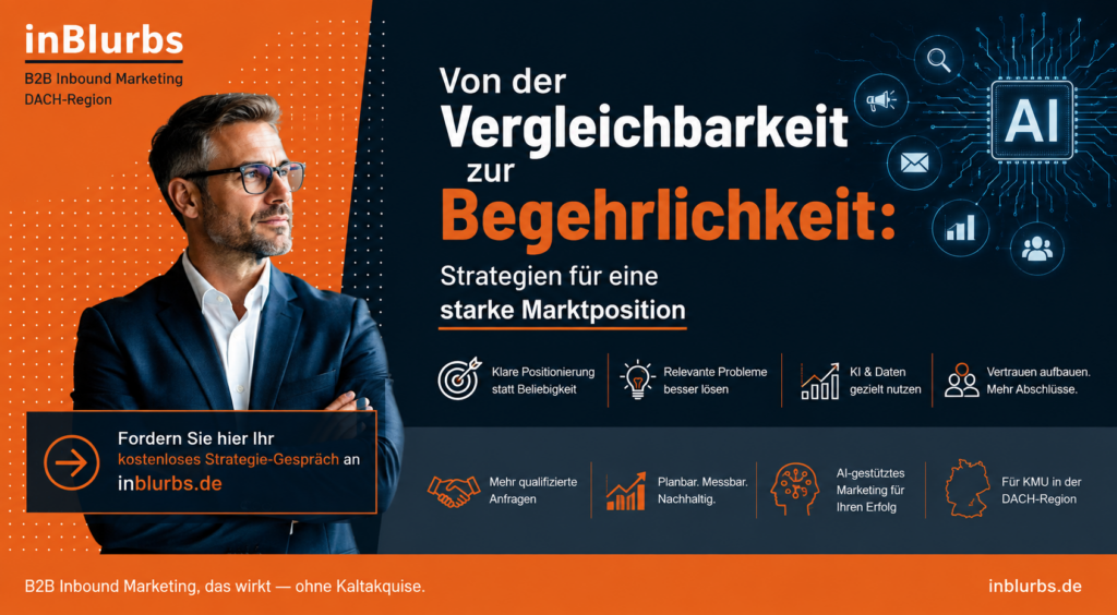 starke Marktposition aufbauen, strategische B2B Positionierung, B2B Differenzierung Strategien, Marktposition für KMU, Wettbewerbsvorteile im B2B, B2B Marke stärken, Kundenwert im B2B, B2B Positionierung verbessern, Vertrauen im B2B, GEO für Unternehmen, inblurbs inbound marketing