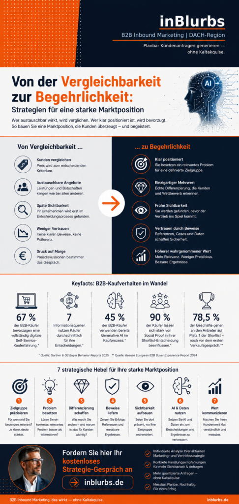 infografik starke Marktposition aufbauen, strategische B2B Positionierung, B2B Differenzierung Strategien, Marktposition für KMU, Wettbewerbsvorteile im B2B, B2B Marke stärken, Kundenwert im B2B, B2B Positionierung verbessern, Vertrauen im B2B, GEO für Unternehmen, inblurbs inbound marketing
