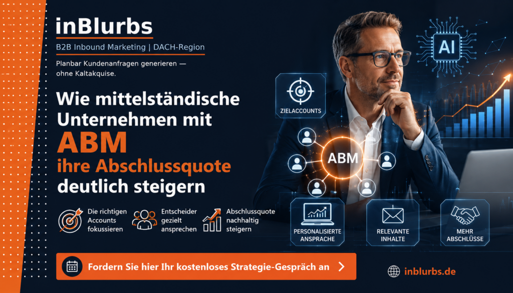 Account Based Marketing KMU, ABM für Mittelstand, B2B Marketing Mittelstand, B2B Vertrieb optimieren, B2B Kunden gewinnen, qualifizierte Leads generieren, B2B Sales Strategie, strategisches B2B Marketing, Marketing Vertrieb verzahnen, Abschlussquote im B2B, inblurbs inbound marketing