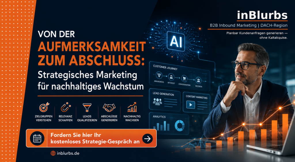 strategisches B2B Marketing, B2B Leadgenerierung Strategie, Customer Journey im B2B, Content Marketing für KMU, personalisierte B2B Kommunikation, Sales und Marketing Alignment, Account Based Marketing KMU, Conversion Optimierung B2B, KI im B2B Marketing, datengetriebenes Marketing B2B, inblurbs inbound marketing
