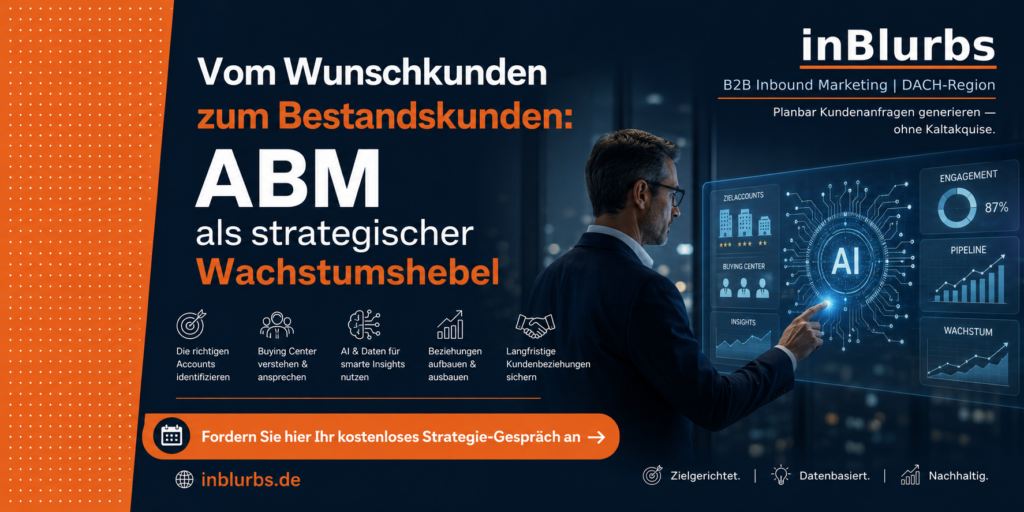 Account Based Marketing, ABM für KMU, B2B Kunden gewinnen, strategisches B2B Marketing, wertvolle Kunden gewinnen, Zielkunden systematisch gewinnen, B2B Wachstum nachhaltig steigern, Customer Journey B2B, Sales Marketing Alignment, Bestandskunden gezielt entwickeln, inblurbs inbound marketing