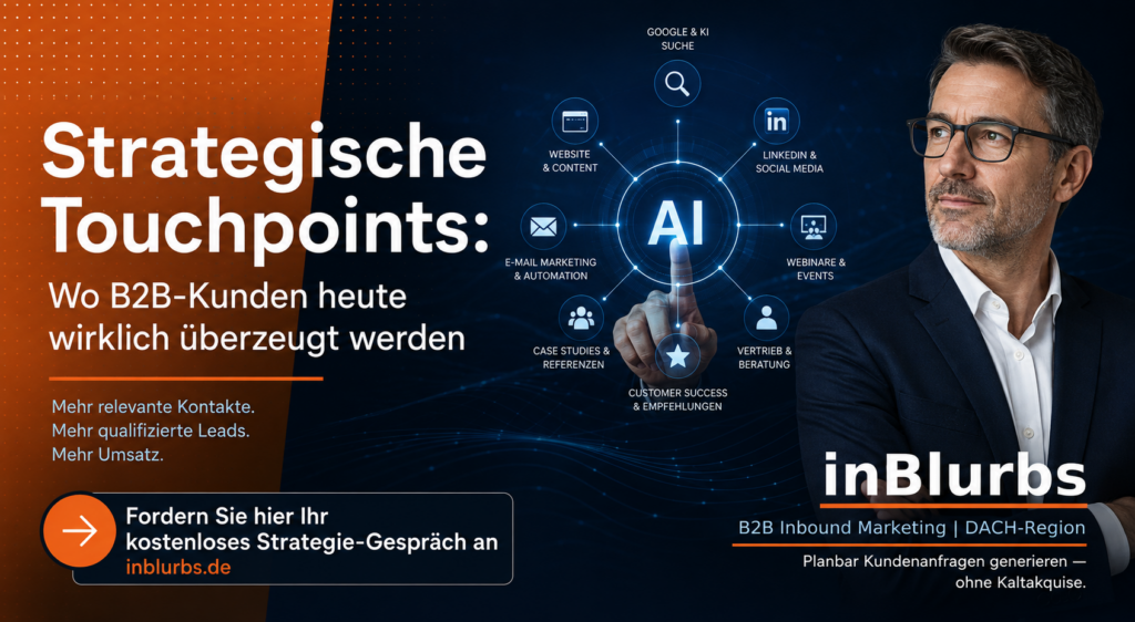 B2B Touchpoint Strategie, strategische Touchpoints B2B, Customer Journey B2B, B2B Kunden gewinnen, B2B Marketing Strategie, digitale B2B Touchpoints, B2B Leadgenerierung verbessern, Customer Journey optimieren, B2B Kaufentscheidung beeinflussen, B2B Marketing Mittelstand, inblurbs inbound marketing