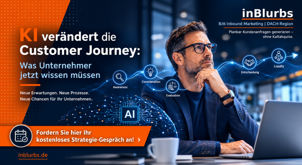 Title image KI Customer Journey, KI im B2B Marketing, Customer Journey optimieren, digitale Customer Journey, B2B Kaufprozess optimieren, KI Suchverhalten verstehen, KI gestützte Personalisierung, B2B Kunden gewinnen, Customer Experience verbessern, Generative AI im Vertrieb, inblurbs inbound marketing