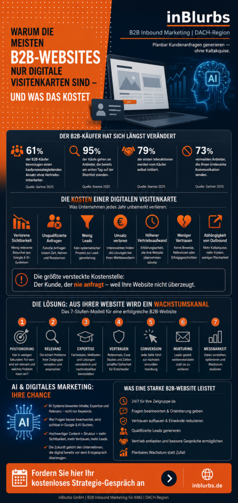 Infografik B2B Website Conversion, Leadgenerierung B2B, SEO für B2B Unternehmen, B2B Customer Journey Marketing, B2B Content Marketing, Lead Nurturing B2B, Inbound Marketing B2B, B2B Website Optimierung, digitale Vertriebsplattform B2B, Generative Engine Optimization B2B, inblurbs inbound marketing