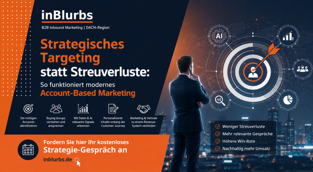 titelbild, Account Based Marketing, Strategisches Targeting B2B, Zielkunden im B2B, ABM Strategie Mittelstand, B2B Marketing Strategie, Qualifizierte Leads gewinnen, Sales Marketing Alignment, Personalisierte B2B Ansprache, Kaufentscheidungen im B2B, Datengetriebenes Marketing B2B, inblurbs inbound marketing