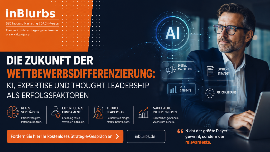 Wettbewerbsdifferenzierung im B2B, strategische Wettbewerbsdifferenzierung, B2B Thought Leadership, Thought Leadership Strategie, Wettbewerbsdifferenzierung durch Expertise, KI im B2B Marketing, KI und Thought Leadership, Expertise im B2B, GEO Content Strategie, digitale Wettbewerbsdifferenzierung, inblurbs inbound marketing