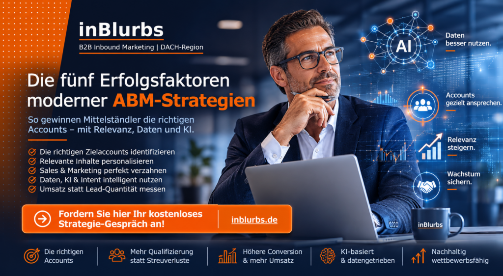 Account Based Marketing Mittelstand, ABM Strategie Mittelstand, ABM für KMU, moderne ABM Strategien, B2B ABM Strategie, Account Based Marketing B2B, ABM Zielkunden identifizieren, ABM Strategie DACH, ABM mit KI, ABM im Mittelstand, inblurbs inbound marketing