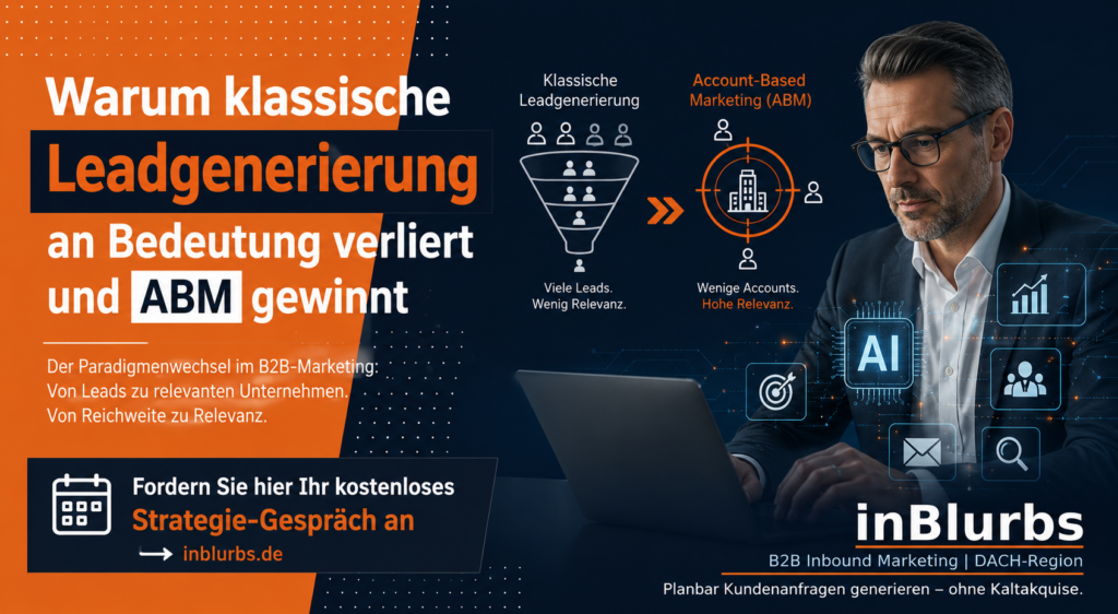 Account Based Marketing, klassische Leadgenerierung B2B, B2B Leads generieren, Leadgenerierung für KMU, strategisches B2B Marketing, B2B Kunden gewinnen, personalisierte B2B Kommunikation, B2B Customer Journey, Zielkunden gezielt erreichen, ABM für KMU, inblurbs inbound marketing
