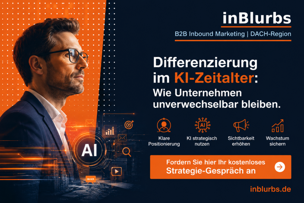 Differenzierung im Marketing, Positionierung im B2B, Markenbildung im KI-Zeitalter, Marketing im KI-Zeitalter, strategische Differenzierung für Unternehmen, B2B Marketing Strategie, hochwertiger B2B Content, Vertrauen im B2B Marketing, Thought Leadership B2B, GEO für Unternehmen, inblurbs inbound marketig 