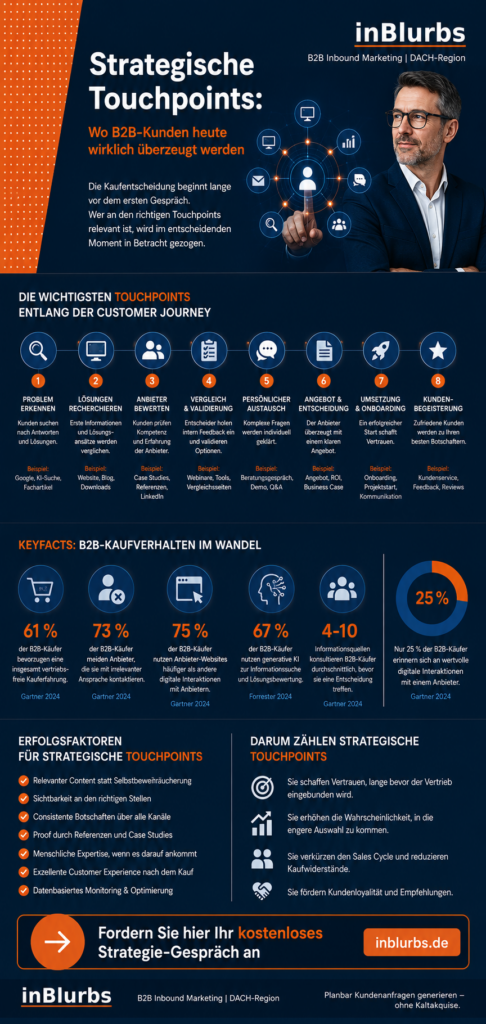 infografik B2B Touchpoint Strategie, strategische Touchpoints B2B, Customer Journey B2B, B2B Kunden gewinnen, B2B Marketing Strategie, digitale B2B Touchpoints, B2B Leadgenerierung verbessern, Customer Journey optimieren, B2B Kaufentscheidung beeinflussen, B2B Marketing Mittelstand, inblurbs inbound marketing