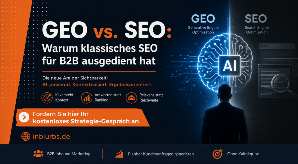 GEO B2B Marketing, Generative Engine Optimization, GEO statt SEO, B2B SEO Strategie, SEO für B2B, KI Suchmaschinen Optimierung, B2B Content Strategie, AI Search Optimierung, generative Suche B2B, B2B Online Marketing, inblurbs inbound marketing