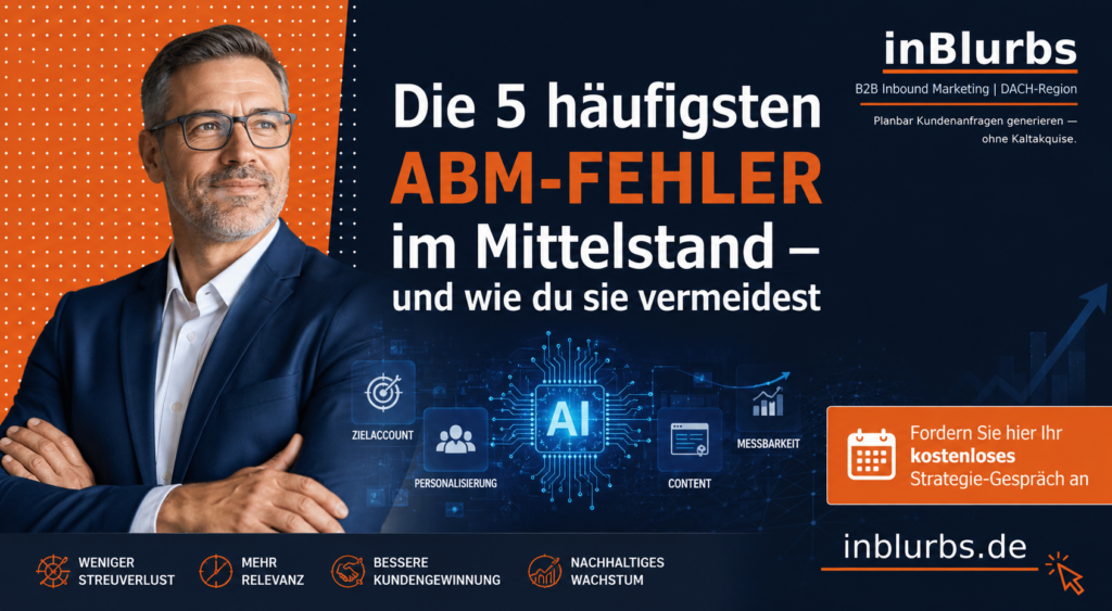 Account Based Marketing, ABM im Mittelstand, ABM Strategie entwickeln, B2B Zielkunden identifizieren, Sales Marketing Alignment, personalisierte B2B Ansprache, ABM KPI Dashboard, B2B Marketing Strategie, GEO für B2B Unternehmen, Account Based Marketing Strategie, inblurbs inbound marketing