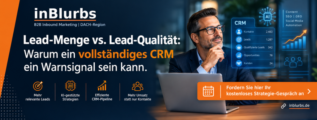qualifizierte B2B Leads, Lead Qualität steigern, CRM Pipeline optimieren, B2B Lead Qualifizierung, hochwertige Leads gewinnen, Vertriebs Pipeline verbessern, datengetriebenes Lead Management, Marketing Vertrieb Alignment, Sales Qualified Leads, B2B Kunden gewinnen, inblurbs inbound marketing