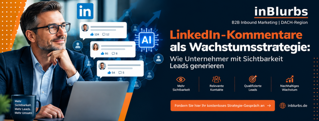 LinkedIn Sichtbarkeit erhöhen, B2B Leads LinkedIn, LinkedIn Marketing Unternehmer, Personal Branding B2B, LinkedIn Leadgenerierung B2B, Customer Journey B2B Marketing, LinkedIn Strategie KMU, digitale B2B Neukundengewinnung, strategische LinkedIn Präsenz, LinkedIn Kommentare Strategie, inblurbs 