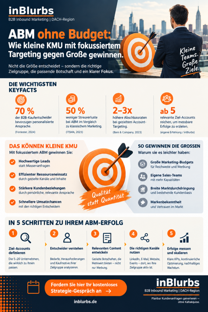infografik ABM für KMU, Account Based Marketing, ABM ohne Budget, B2B Targeting Strategie, gezieltes Account Marketing, personalisierte B2B Ansprache, ABM für Mittelstand, strategisches Account Targeting, B2B Differenzierung durch Fokus, Marketing Vertrieb Alignment, inblurbs inbound marketing