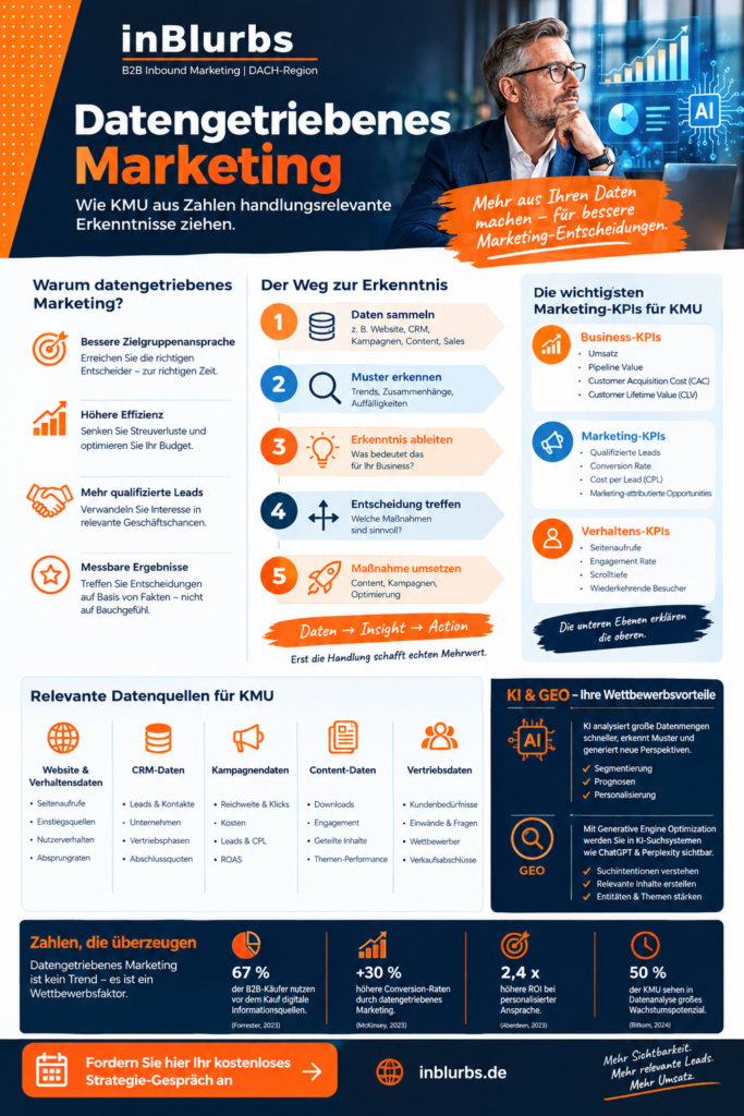 infografik Datengetriebenes Marketing KMU, Datenanalyse im Marketing, B2B Marketing mit Daten, Marketing Daten richtig nutzen, Marketing KPIs für KMU, Datengetriebenes B2B Marketing, Customer Journey Datenanalyse, Marketing Performance messen, KI im Marketing einsetzen, GEO Marketing Strategie entwickeln, inblurbs inbound marketing
