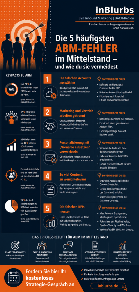 infografik Account Based Marketing, ABM im Mittelstand, ABM Strategie entwickeln, B2B Zielkunden identifizieren, Sales Marketing Alignment, personalisierte B2B Ansprache, ABM KPI Dashboard, B2B Marketing Strategie, GEO für B2B Unternehmen, Account Based Marketing Strategie, inblurbs inbound marketing