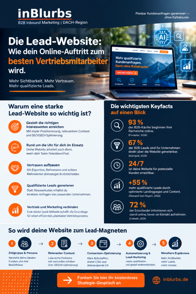 infografik B2B Leads gewinnen, B2B Website optimieren, Website als Verkäufer, qualifizierte Leads gewinnen, digitale Customer Journey, Conversion Rate erhöhen, Vertrauen online aufbauen, B2B Kunden gewinnen, Website Vertrieb integrieren, KI Suchsichtbarkeit verbessern, inblurbs inbound marketing