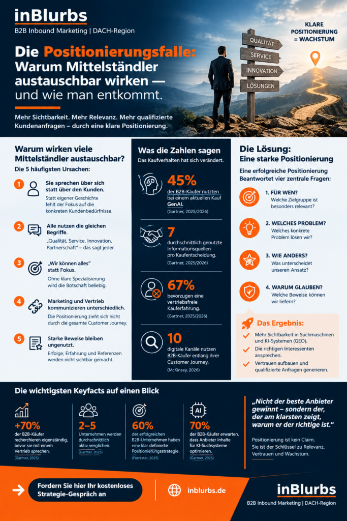 infografik B2B Positionierung verbessern, Mittelstand klar positionieren, Positionierung im Mittelstand, B2B Differenzierung entwickeln, Austauschbarkeit im Mittelstand, Wettbewerbsvorteile sichtbar machen, Klarheit in Positionierung, B2B Markenpositionierung stärken, Strategische Positionierung entwickeln, Generative Engine Optimization, inblurbs inbound marketing