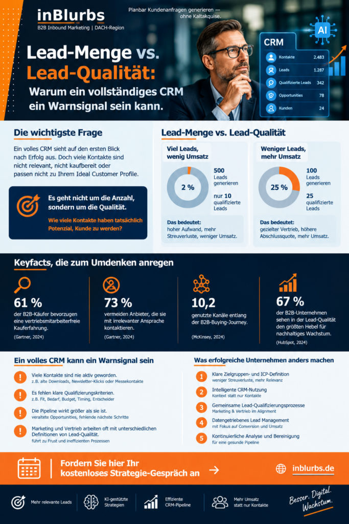 infografik qualifizierte B2B Leads, Lead Qualität steigern, CRM Pipeline optimieren, B2B Lead Qualifizierung, hochwertige Leads gewinnen, Vertriebs Pipeline verbessern, datengetriebenes Lead Management, Marketing Vertrieb Alignment, Sales Qualified Leads, B2B Kunden gewinnen, inblurbs inbound marketing