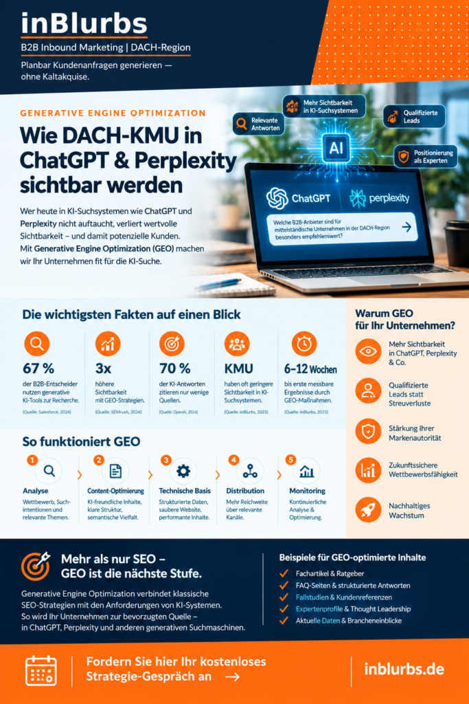 infografik Generative Engine Optimization, KI Suchmaschinen Optimierung, B2B Sichtbarkeit in KI, ChatGPT Sichtbarkeit für Unternehmen, Perplexity Sichtbarkeit für Unternehmen, KI Marketing für KMU, SEO und GEO Strategie, B2B Kunden gewinnen, Digitale Markenbekanntheit steigern, KI Suchstrategien für Unternehmen, inblurbs inbound marketing